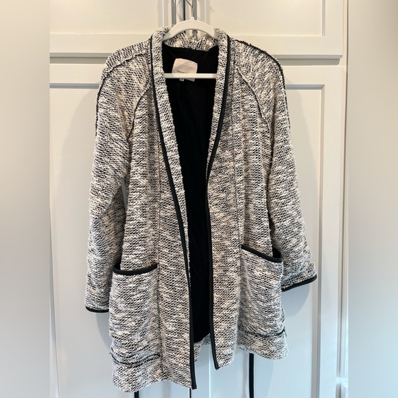 Rebecca Taylor Longline Tweed Sweater Jacket with Faux Leather Trim. Size 12. - Picture 5 of 13